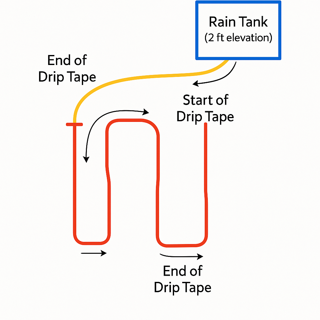 Diagram of rain tank gravity drip irrigation system with labeled drip tape