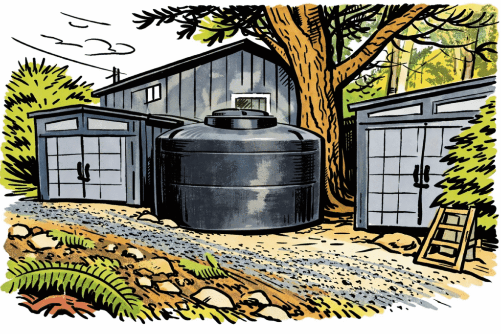 Diagram showing how rainwater incentive programs influence system design decisions across a residential site