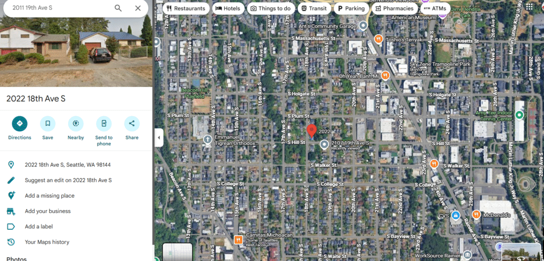 Google Maps home screen with address entered