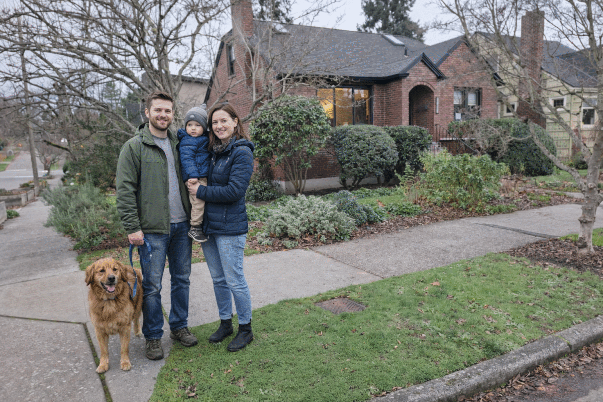 Seattle family walking near their home with a rainwater-fed garden