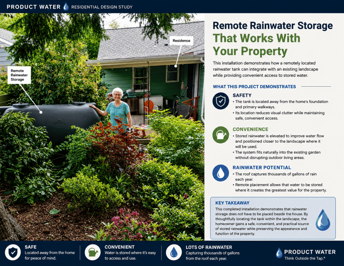 Remote rainwater storage diagram showing a tank placed away from the house