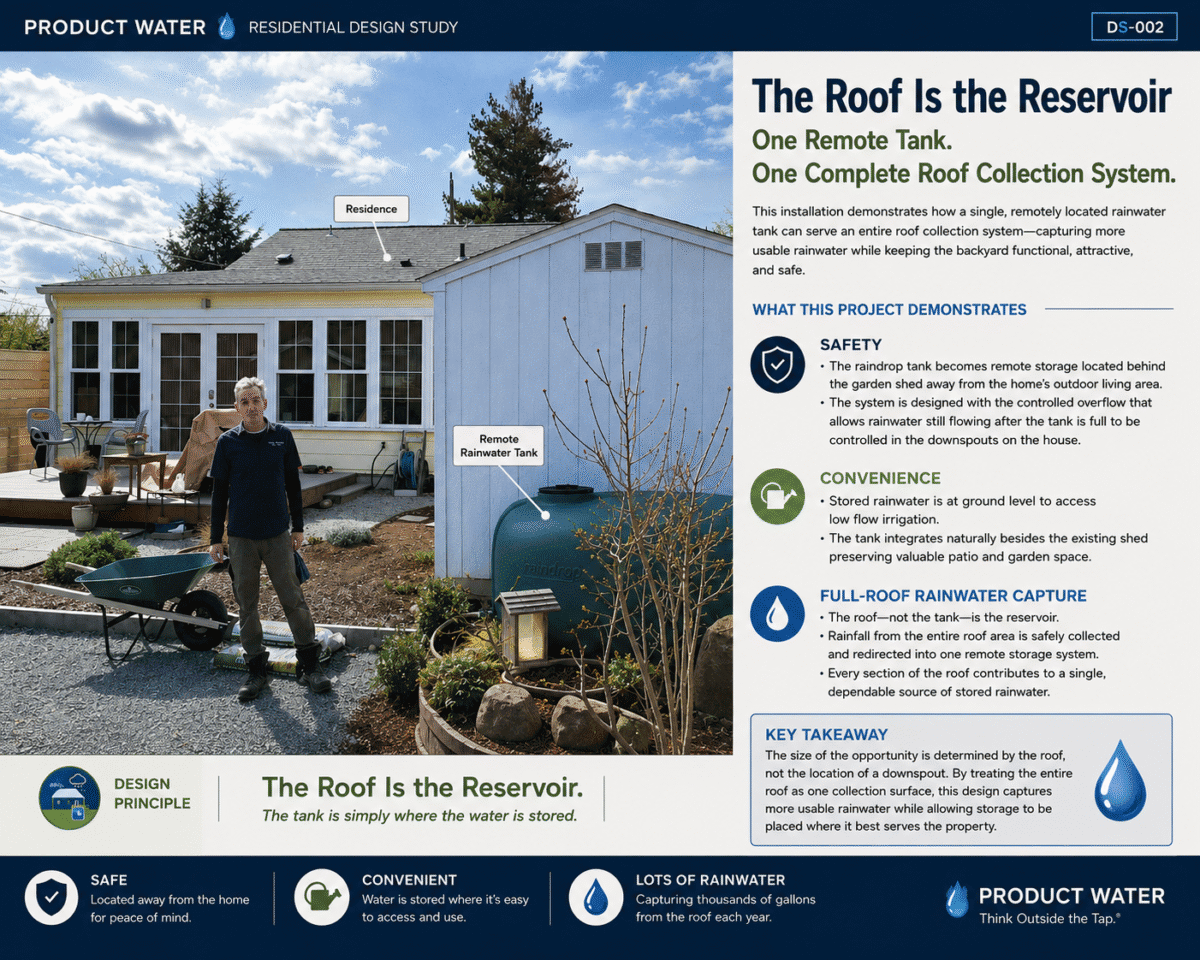 Diagram showing the roof as the main source of collected rainwater in a residential system
