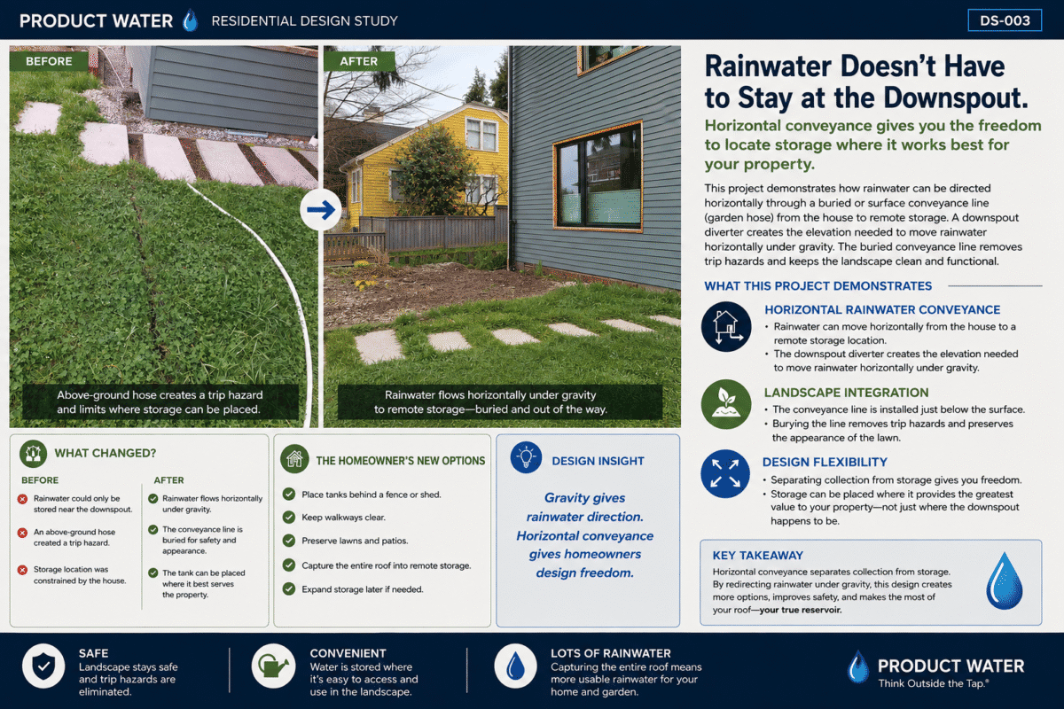 Diagram showing rainwater moving horizontally from a downspout to remote storage